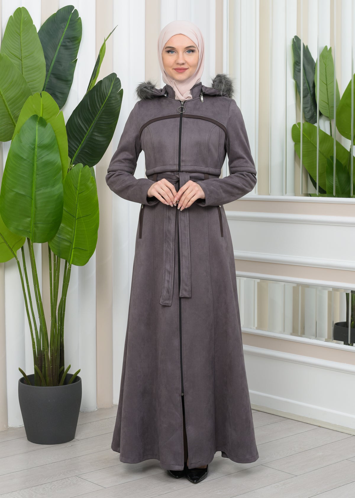 Luxuriöser Damen Wildleder-Mantel mit Kaninchenfutter 1346 - Grau