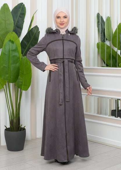 Luxuriöser Damen Wildleder-Mantel mit Kaninchenfutter 1346 - Grau