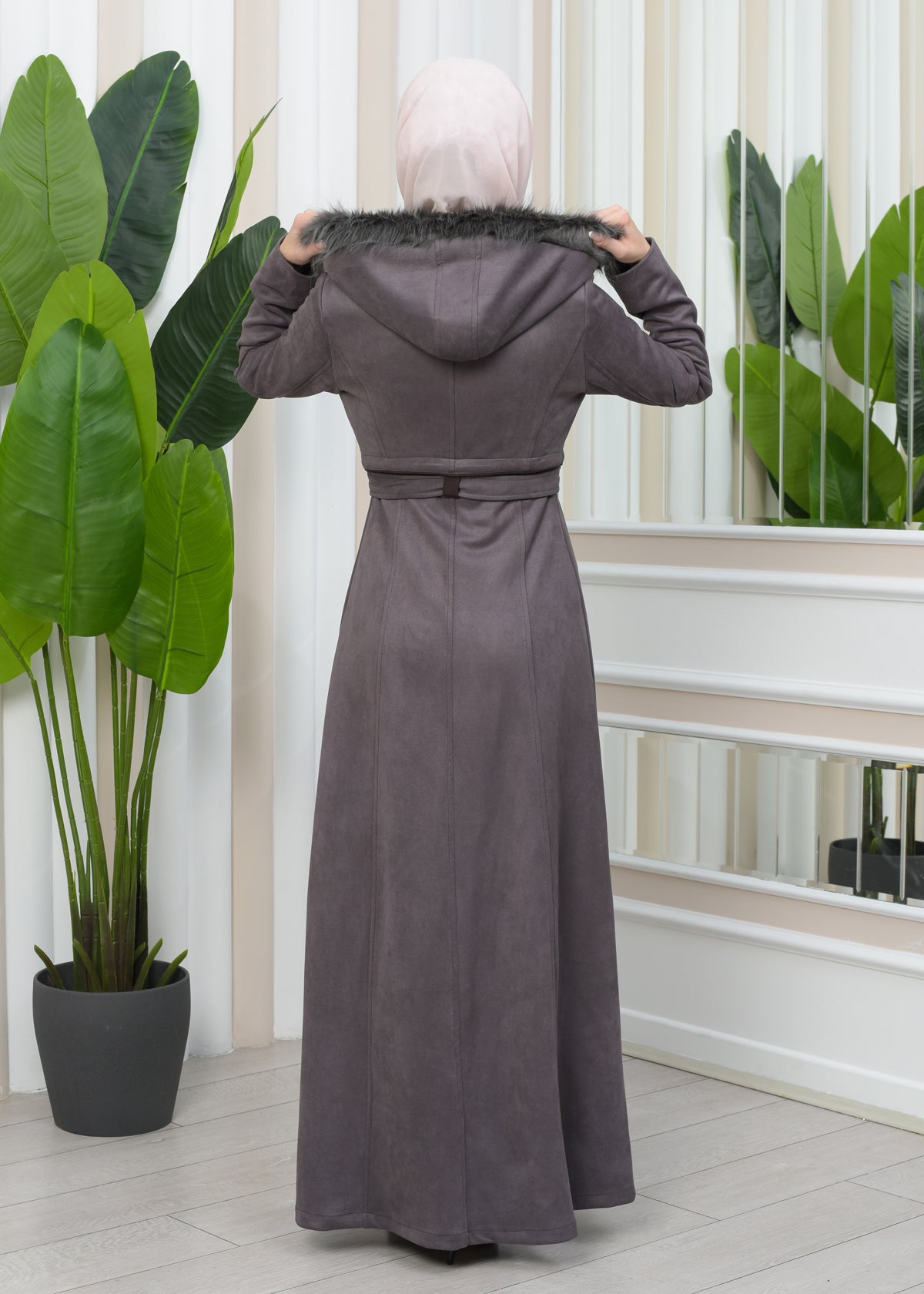 Luxuriöser Damen Wildleder-Mantel mit Kaninchenfutter 1346 - Grau