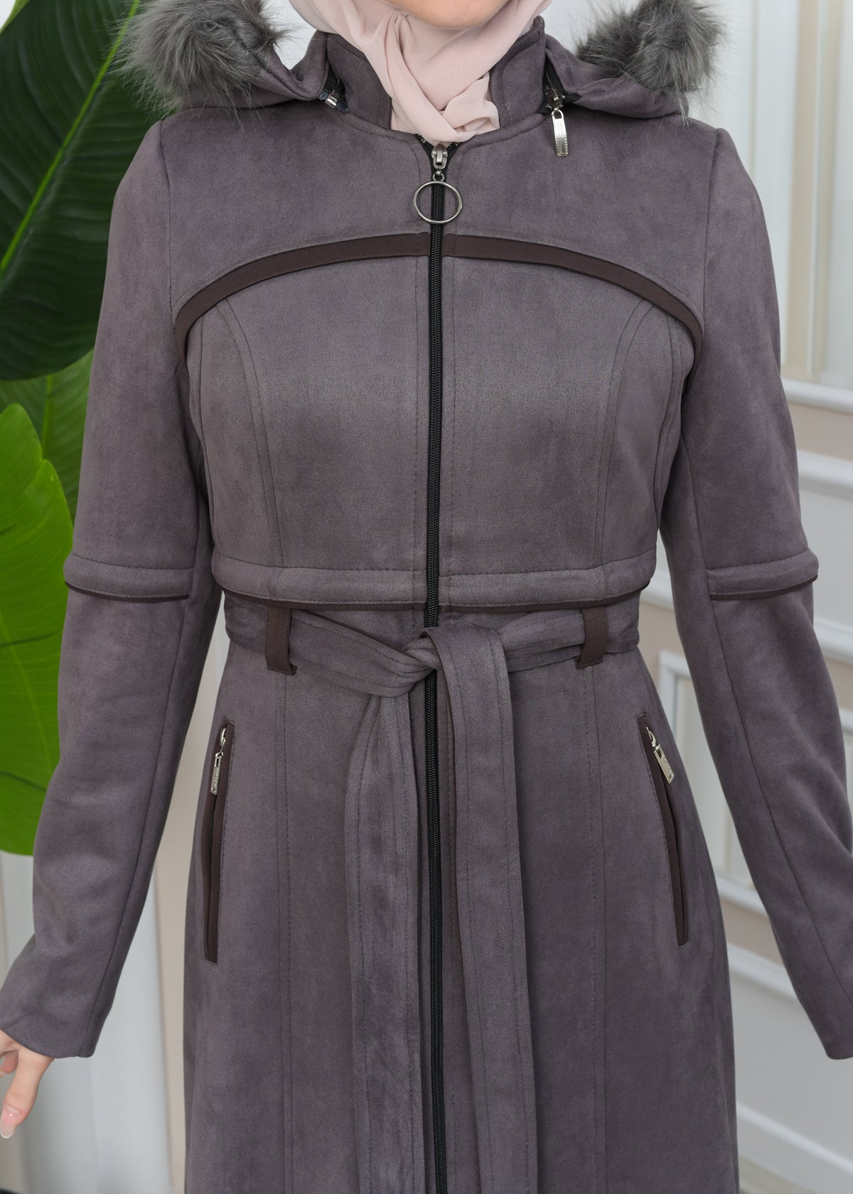Luxuriöser Damen Wildleder-Mantel mit Kaninchenfutter 1346 - Grau