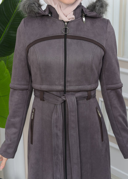 Luxuriöser Damen Wildleder-Mantel mit Kaninchenfutter 1346 - Grau