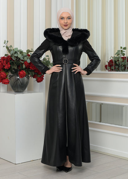 Langer Damen Winter-Ledermantel mit Wildlederdetails und Pelzkragen 1348 - Schwarz