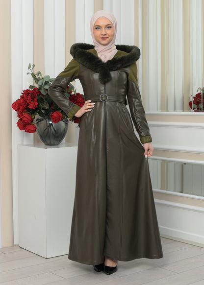 Langer Damen Winter-Ledermantel mit Wildlederdetails und Pelzkragen 1348 - Khaki