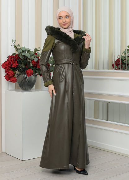 Langer Damen Winter-Ledermantel mit Wildlederdetails und Pelzkragen 1348 - Khaki
