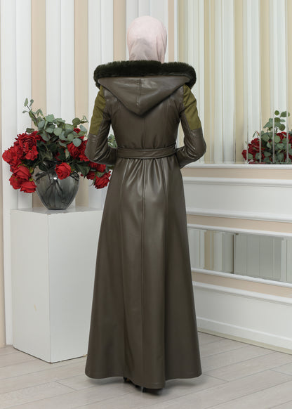 Langer Damen Winter-Ledermantel mit Wildlederdetails und Pelzkragen 1348 - Khaki
