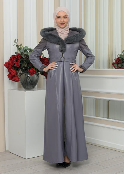 Langer Damen Winter-Ledermantel mit Wildlederdetails und Pelzkragen 1348 - Grau