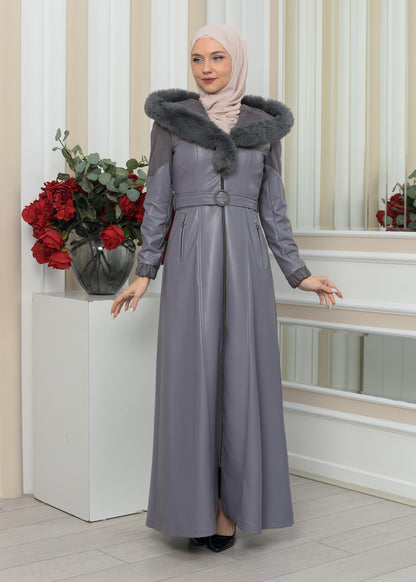 Langer Damen Winter-Ledermantel mit Wildlederdetails und Pelzkragen 1348 - Grau