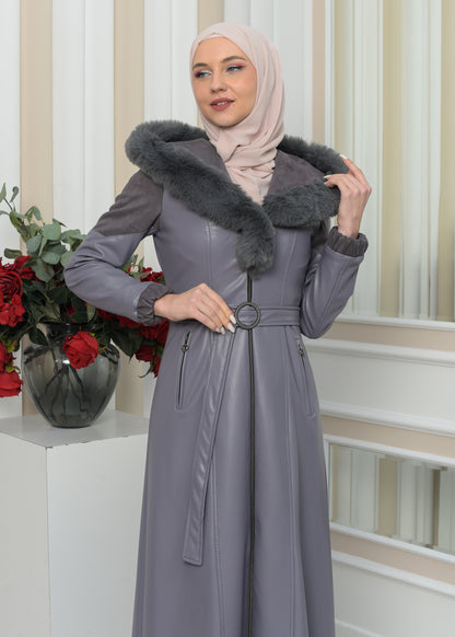 Langer Damen Winter-Ledermantel mit Wildlederdetails und Pelzkragen 1348 - Grau