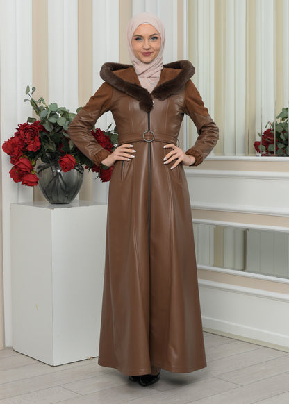 Langer Damen Winter-Ledermantel mit Wildlederdetails und Pelzkragen 1348 - Cognac