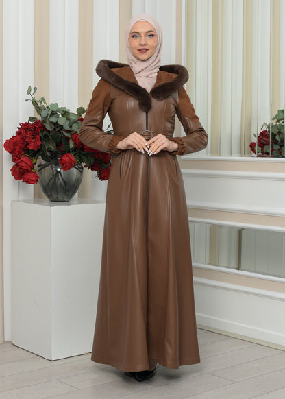 Langer Damen Winter-Ledermantel mit Wildlederdetails und Pelzkragen 1348 - Cognac