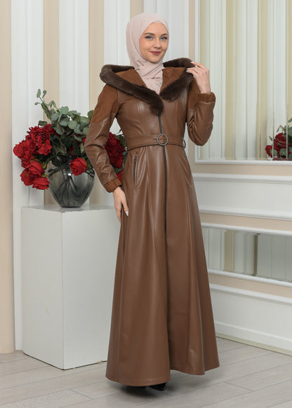 Langer Damen Winter-Ledermantel mit Wildlederdetails und Pelzkragen 1348 - Cognac