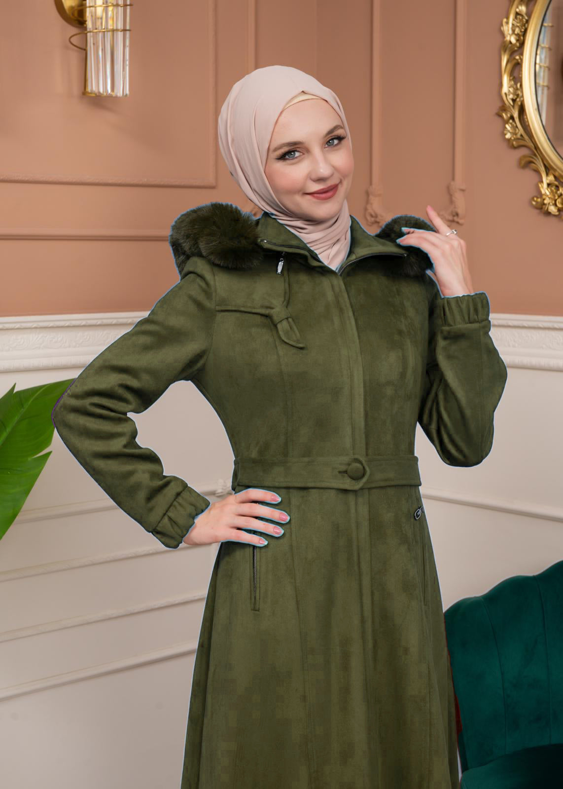 Damen Wildleder-Mantel mit abnehmbarer Pelzkapuze 1361 - Khaki