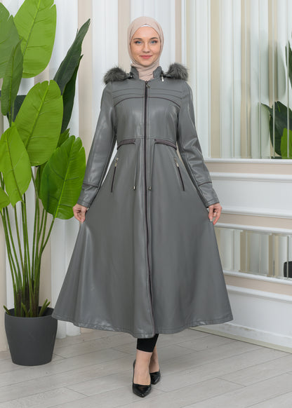 Damen Winter Leder Trenchcoat mit Fellfutter und Kapuze im Glocken-Schnitt 1344 - Grau