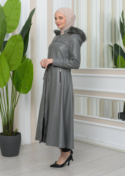 Damen Winter Leder Trenchcoat mit Fellfutter und Kapuze im Glocken-Schnitt 1344 - Grau