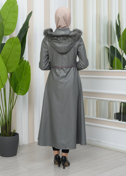 Damen Winter Leder Trenchcoat mit Fellfutter und Kapuze im Glocken-Schnitt 1344 - Grau