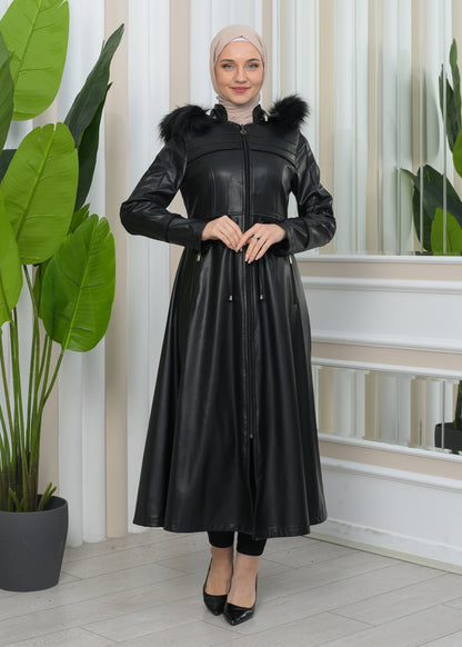 Damen Winter Leder Trenchcoat mit Fellfutter und Kapuze im Glocken-Schnitt 1344 - Schwarz
