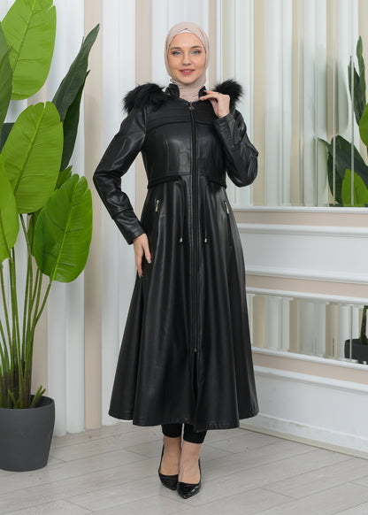 Damen Winter Leder Trenchcoat mit Fellfutter und Kapuze im Glocken-Schnitt 1344 - Schwarz