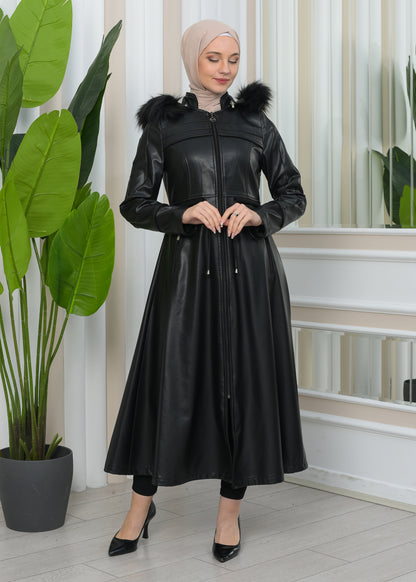 Damen Winter Leder Trenchcoat mit Fellfutter und Kapuze im Glocken-Schnitt 1344 - Schwarz