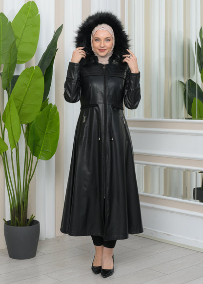 Damen Winter Leder Trenchcoat mit Fellfutter und Kapuze im Glocken-Schnitt 1344 - Schwarz