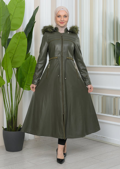 Damen Winter Leder Trenchcoat mit Fellfutter und Kapuze im Glocken-Schnitt 1344 - Khaki