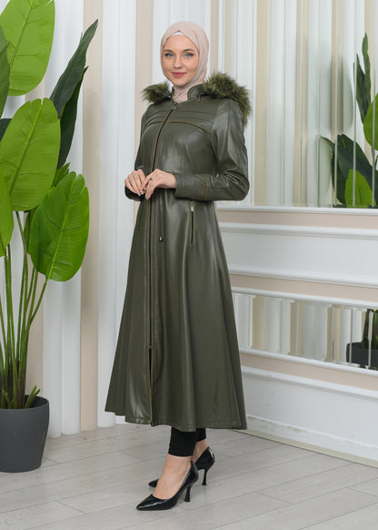 Damen Winter Leder Trenchcoat mit Fellfutter und Kapuze im Glocken-Schnitt 1344 - Khaki