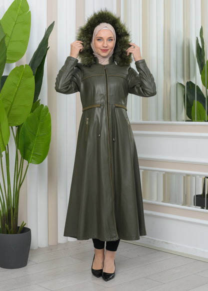 Damen Winter Leder Trenchcoat mit Fellfutter und Kapuze im Glocken-Schnitt 1344 - Khaki