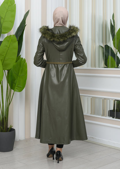 Damen Winter Leder Trenchcoat mit Fellfutter und Kapuze im Glocken-Schnitt 1344 - Khaki