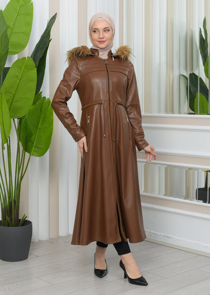 Damen Winter Leder Trenchcoat mit Fellfutter und Kapuze im Glocken-Schnitt 1344 - Cognac