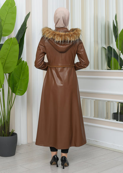 Damen Winter Leder Trenchcoat mit Fellfutter und Kapuze im Glocken-Schnitt 1344 - Cognac