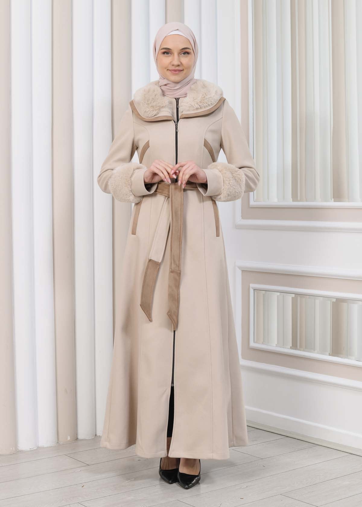 FURRY HOODED ZIPPERED OVERSIZED SUEDE TOPCOAT 1353 - Beige