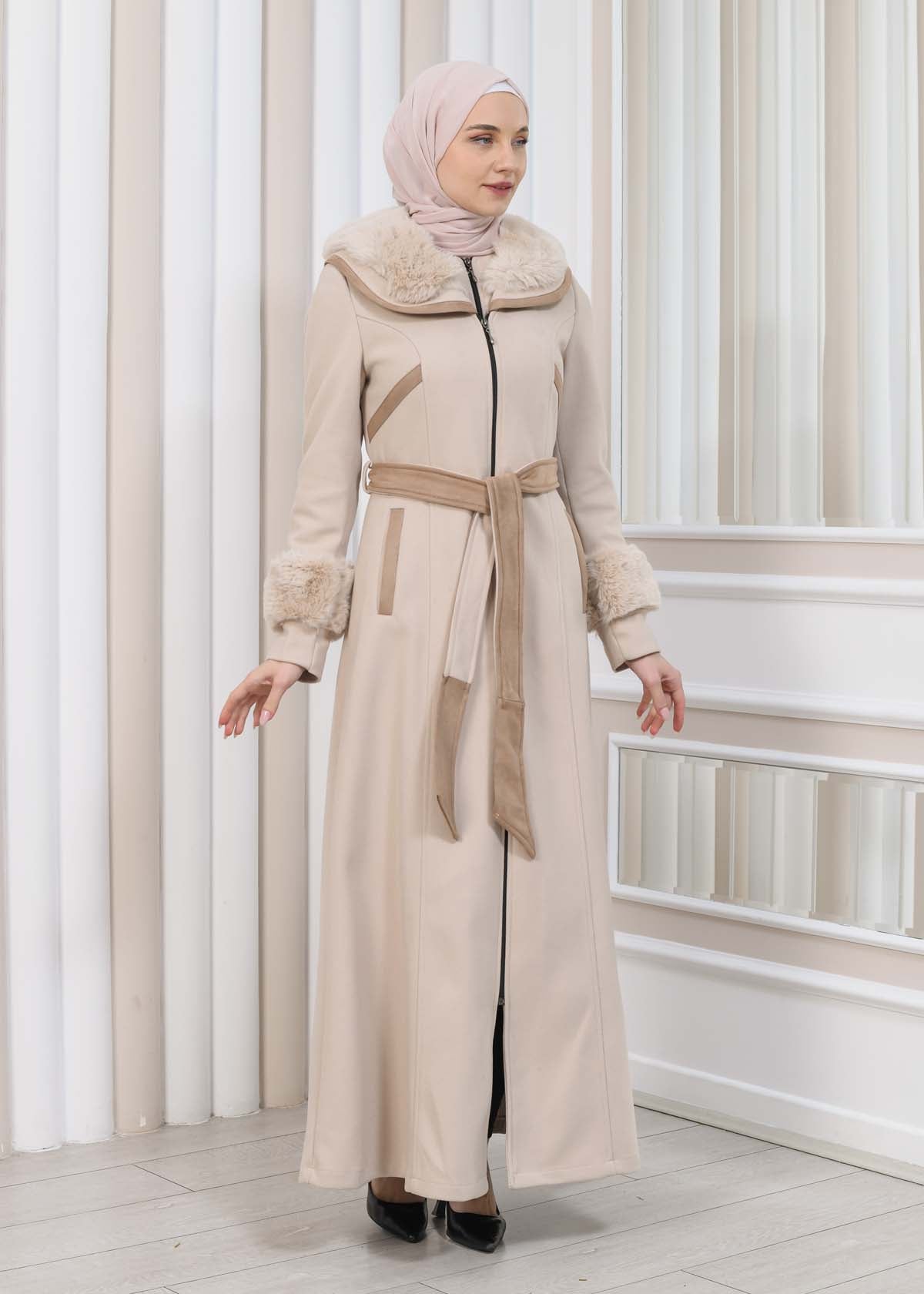 FURRY HOODED ZIPPERED OVERSIZED SUEDE TOPCOAT 1353 - Beige