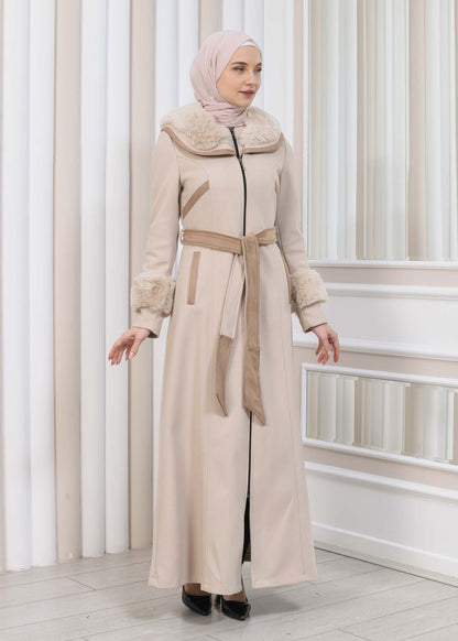 FURRY HOODED ZIPPERED OVERSIZED SUEDE TOPCOAT 1353 - Beige