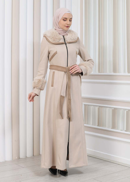 FURRY HOODED ZIPPERED OVERSIZED SUEDE TOPCOAT 1353 - Beige