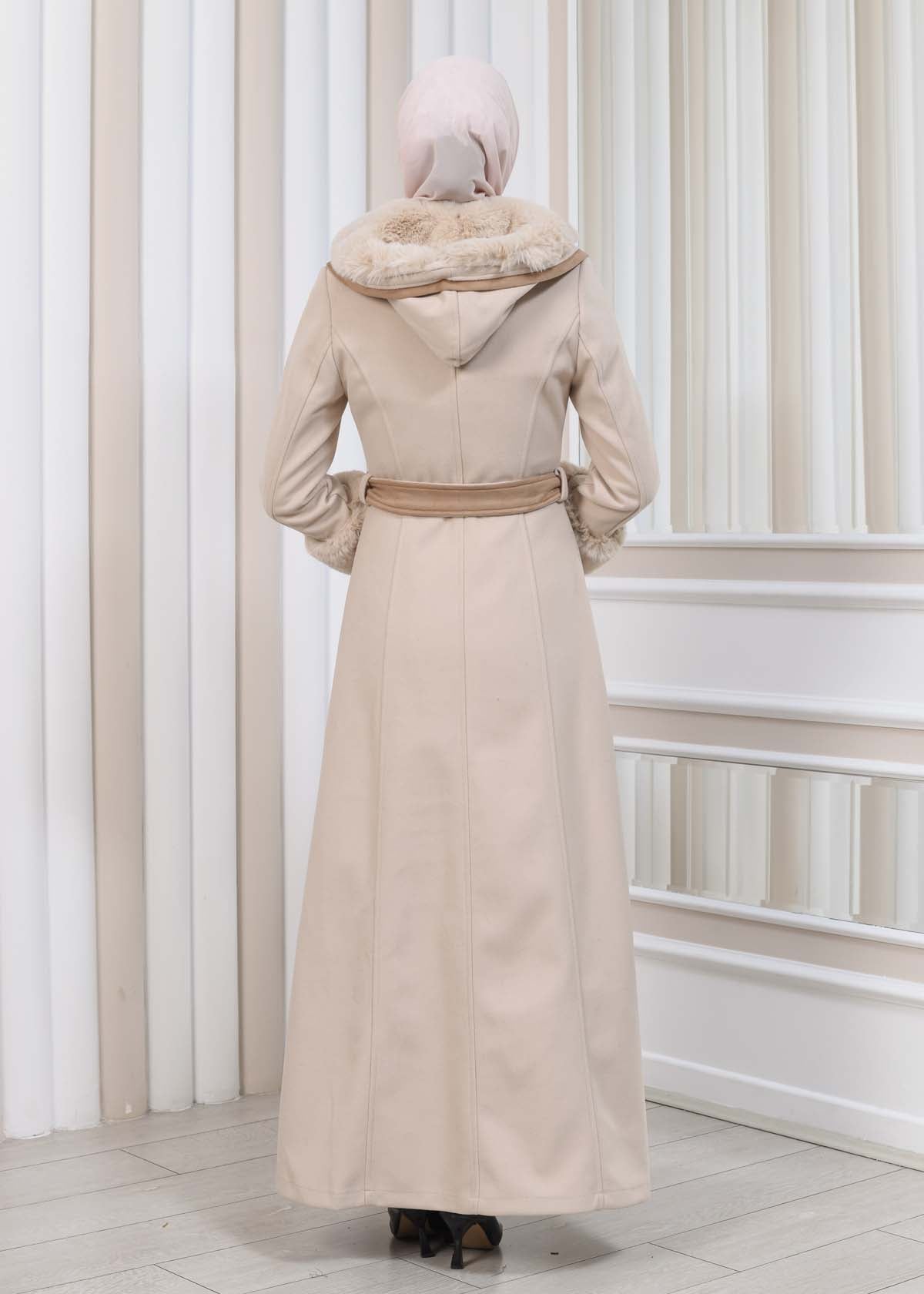 FURRY HOODED ZIPPERED OVERSIZED SUEDE TOPCOAT 1353 - Beige