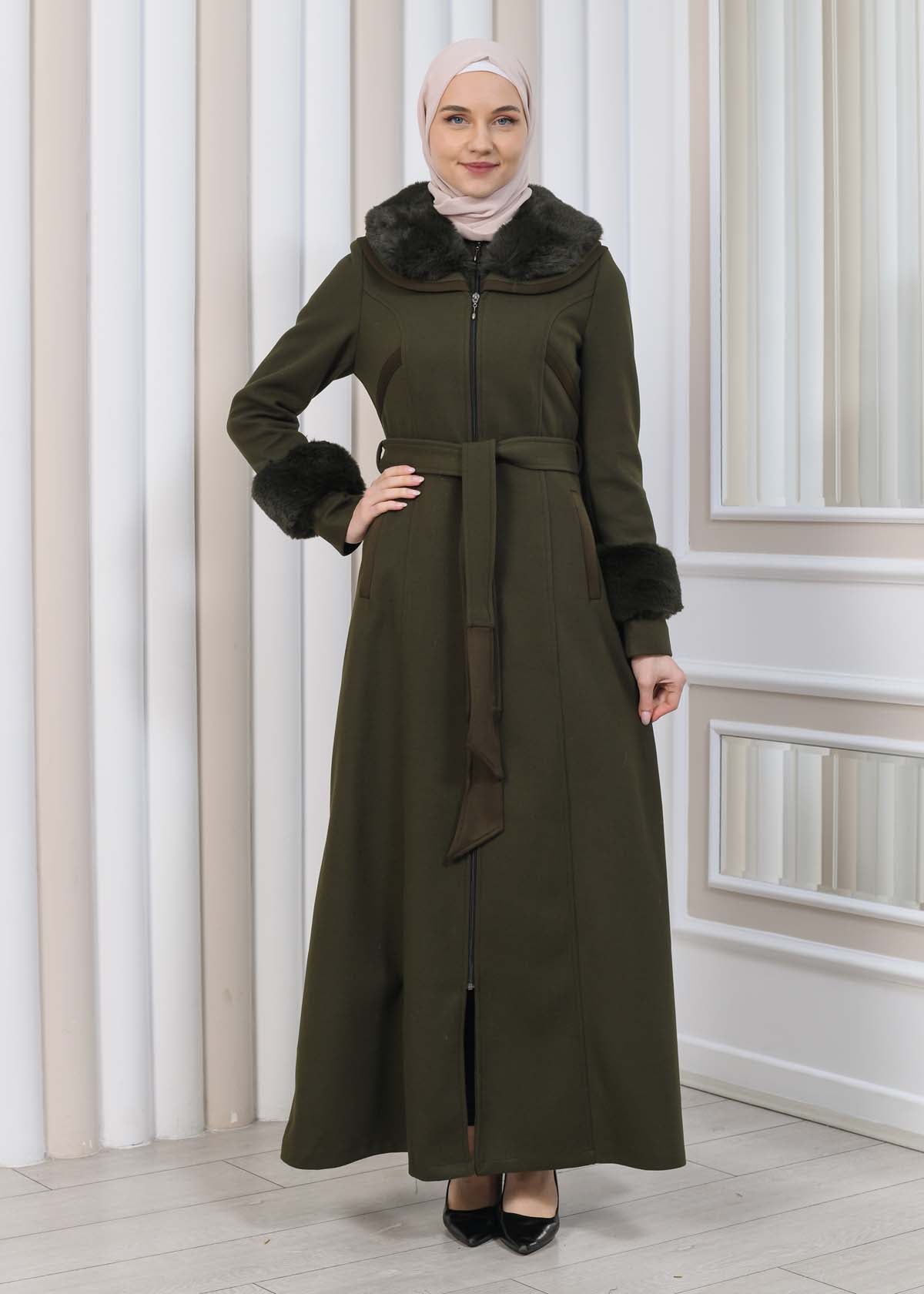 FURRY HOODED ZIPPERED OVERSIZED SUEDE TOPCOAT 1353 - Khaki