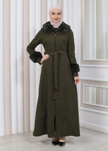 FURRY HOODED ZIPPERED OVERSIZED SUEDE TOPCOAT 1353 - Khaki