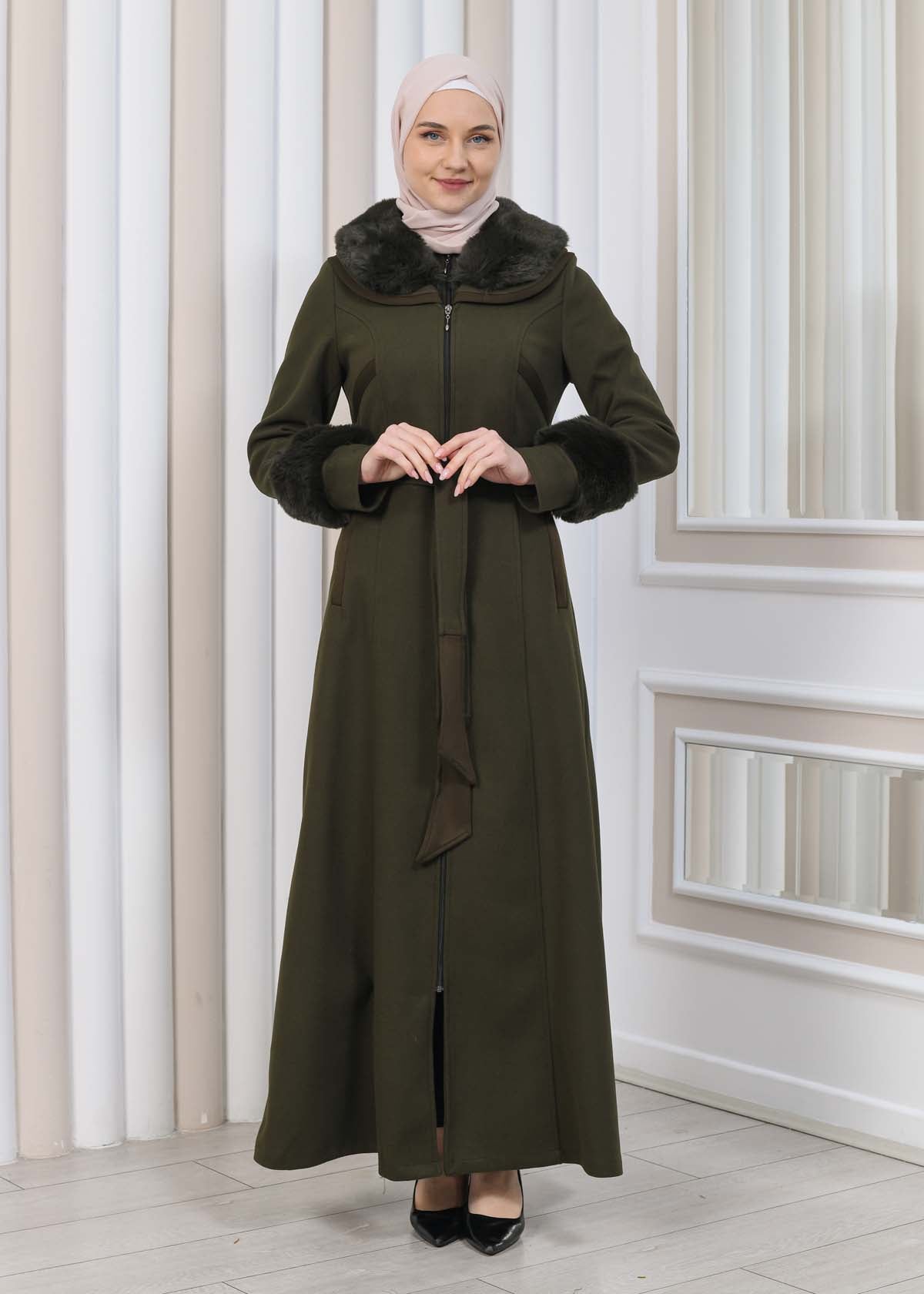 FURRY HOODED ZIPPERED OVERSIZED SUEDE TOPCOAT 1353 - Khaki