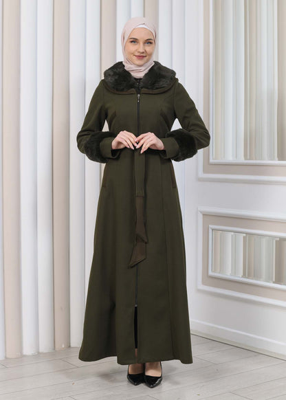 FURRY HOODED ZIPPERED OVERSIZED SUEDE TOPCOAT 1353 - Khaki