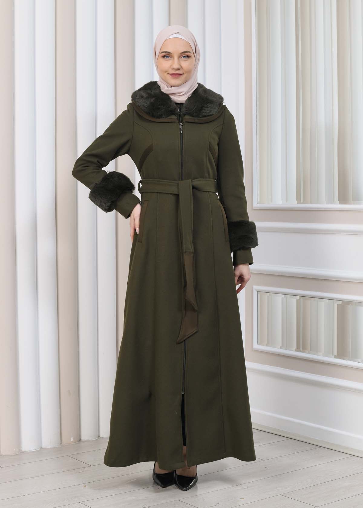 FURRY HOODED ZIPPERED OVERSIZED SUEDE TOPCOAT 1353 - Khaki