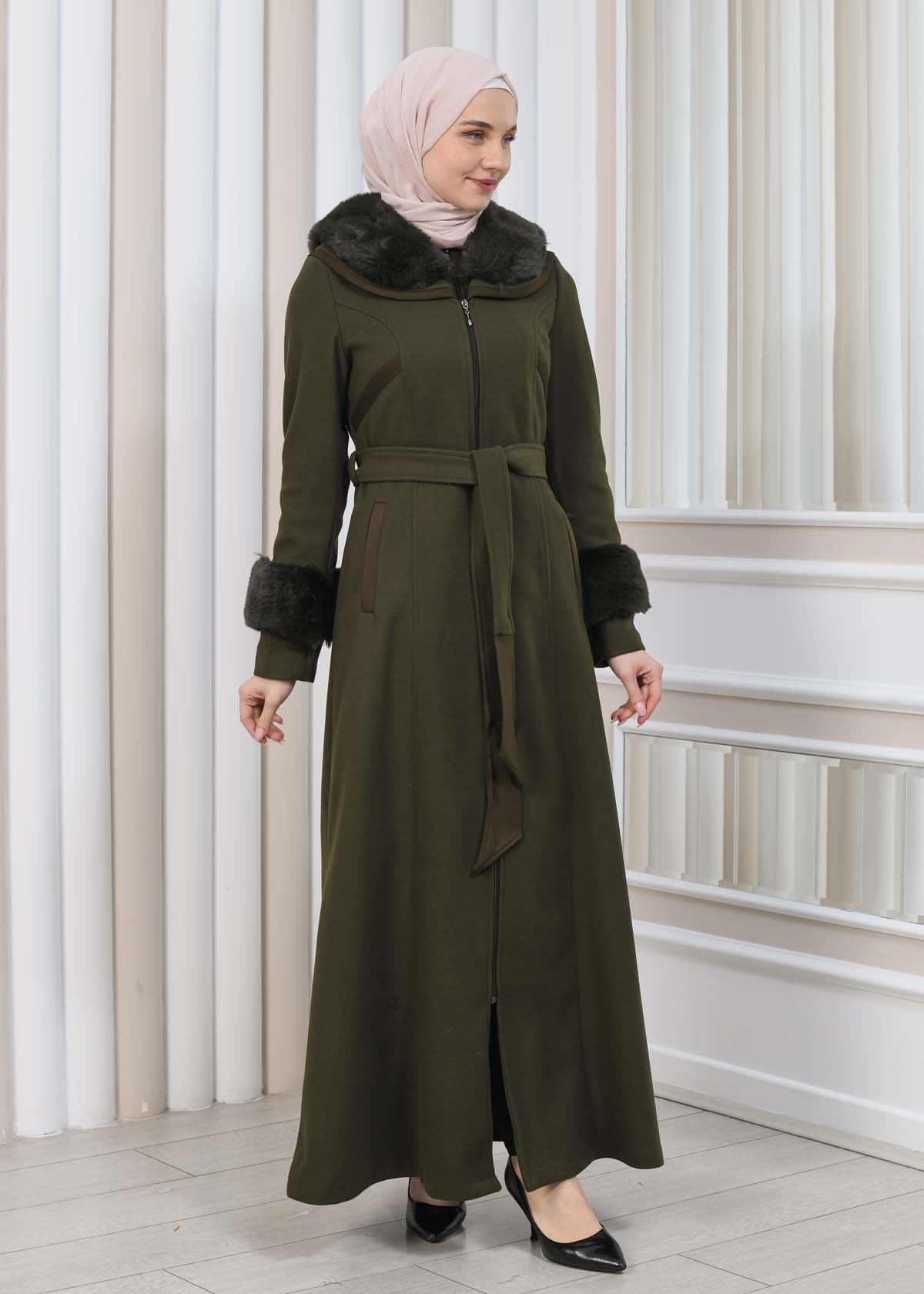 FURRY HOODED ZIPPERED OVERSIZED SUEDE TOPCOAT 1353 - Khaki