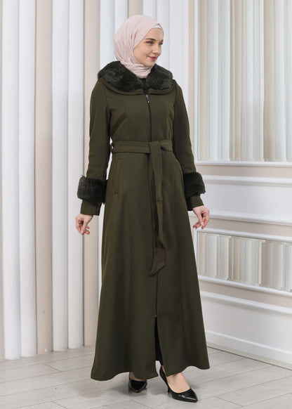 FURRY HOODED ZIPPERED OVERSIZED SUEDE TOPCOAT 1353 - Khaki