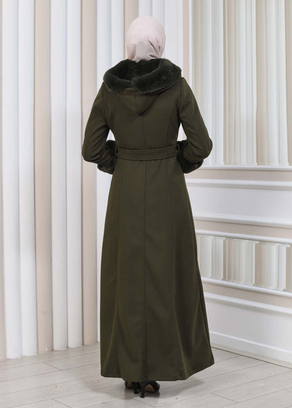 FURRY HOODED ZIPPERED OVERSIZED SUEDE TOPCOAT 1353 - Khaki