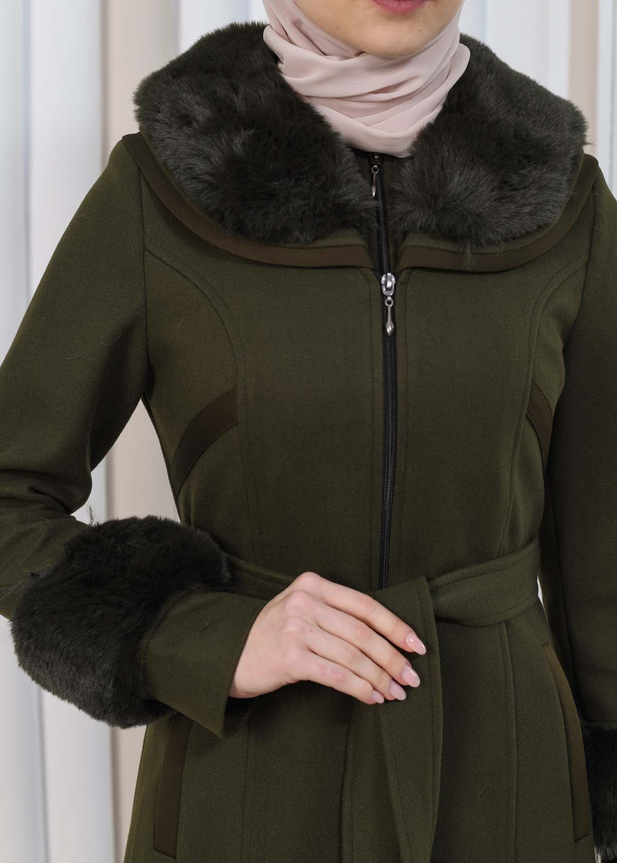 FURRY HOODED ZIPPERED OVERSIZED SUEDE TOPCOAT 1353 - Khaki