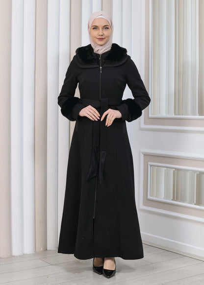 FURRY HOODED ZIPPERED OVERSIZED SUEDE TOPCOAT 1353 - Schwarz