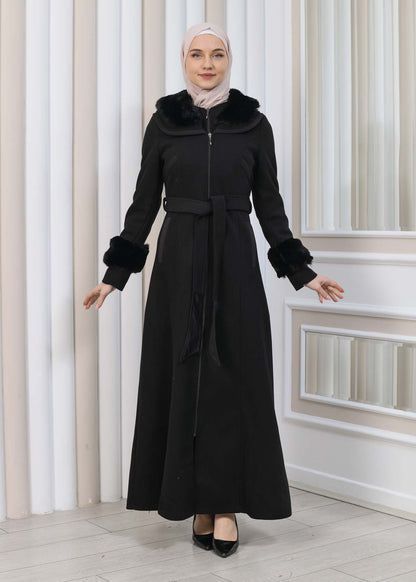 FURRY HOODED ZIPPERED OVERSIZED SUEDE TOPCOAT 1353 - Schwarz