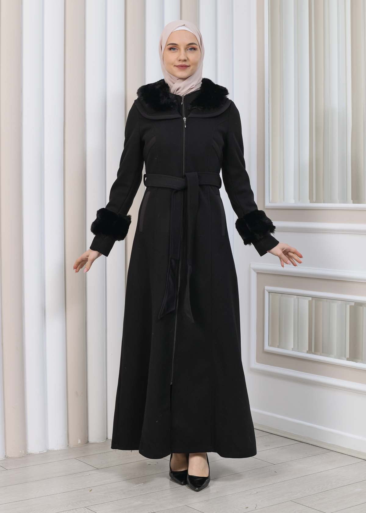 FURRY HOODED ZIPPERED OVERSIZED SUEDE TOPCOAT 1353 - Schwarz