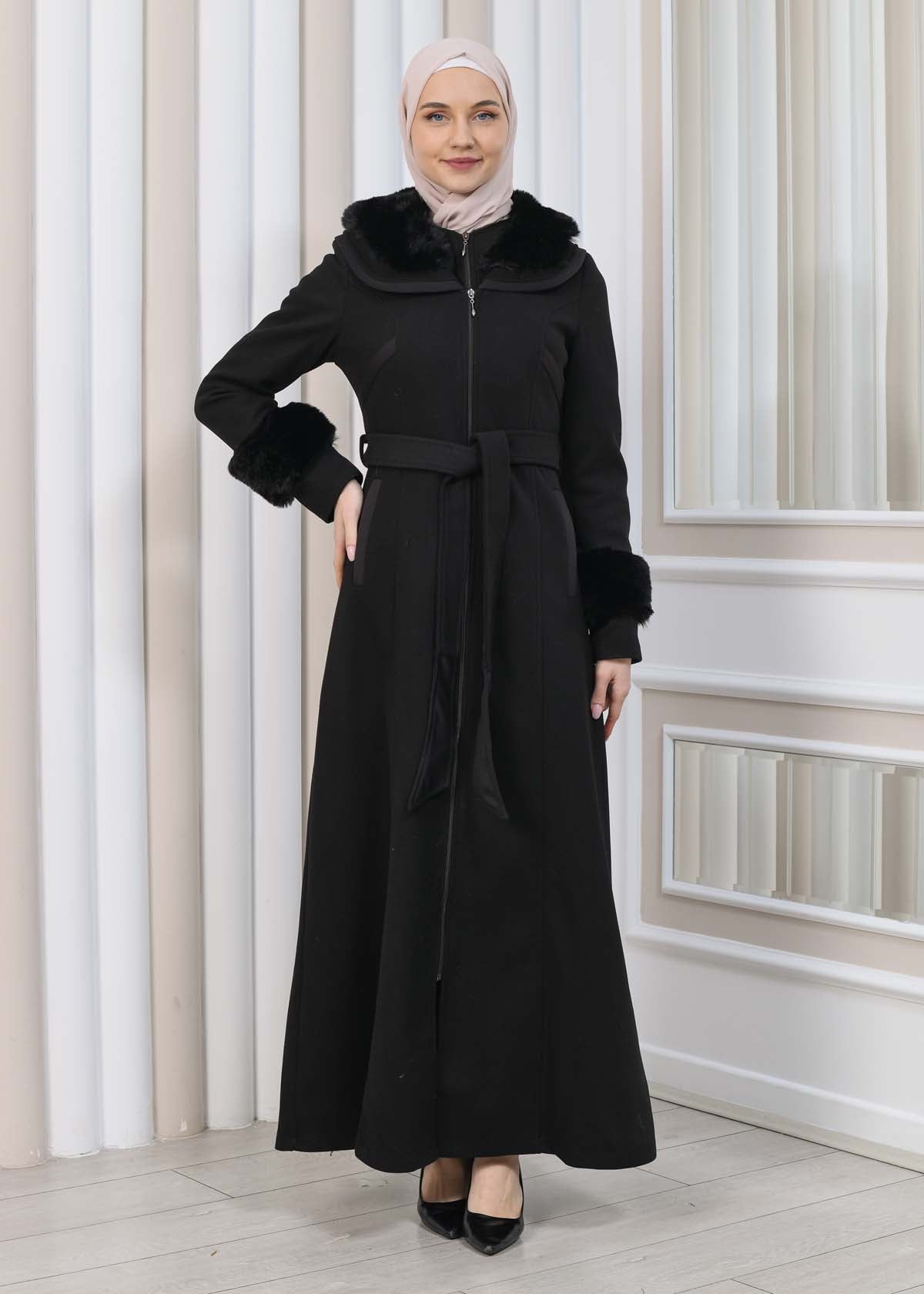 FURRY HOODED ZIPPERED OVERSIZED SUEDE TOPCOAT 1353 - Schwarz