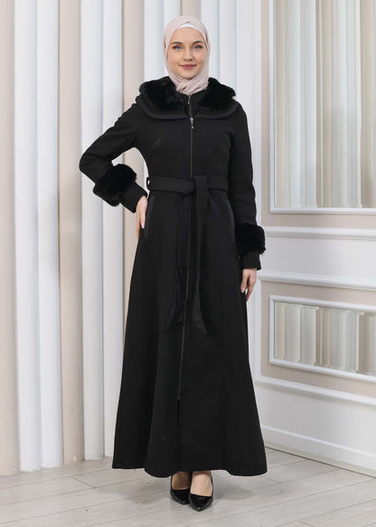 FURRY HOODED ZIPPERED OVERSIZED SUEDE TOPCOAT 1353 - Schwarz