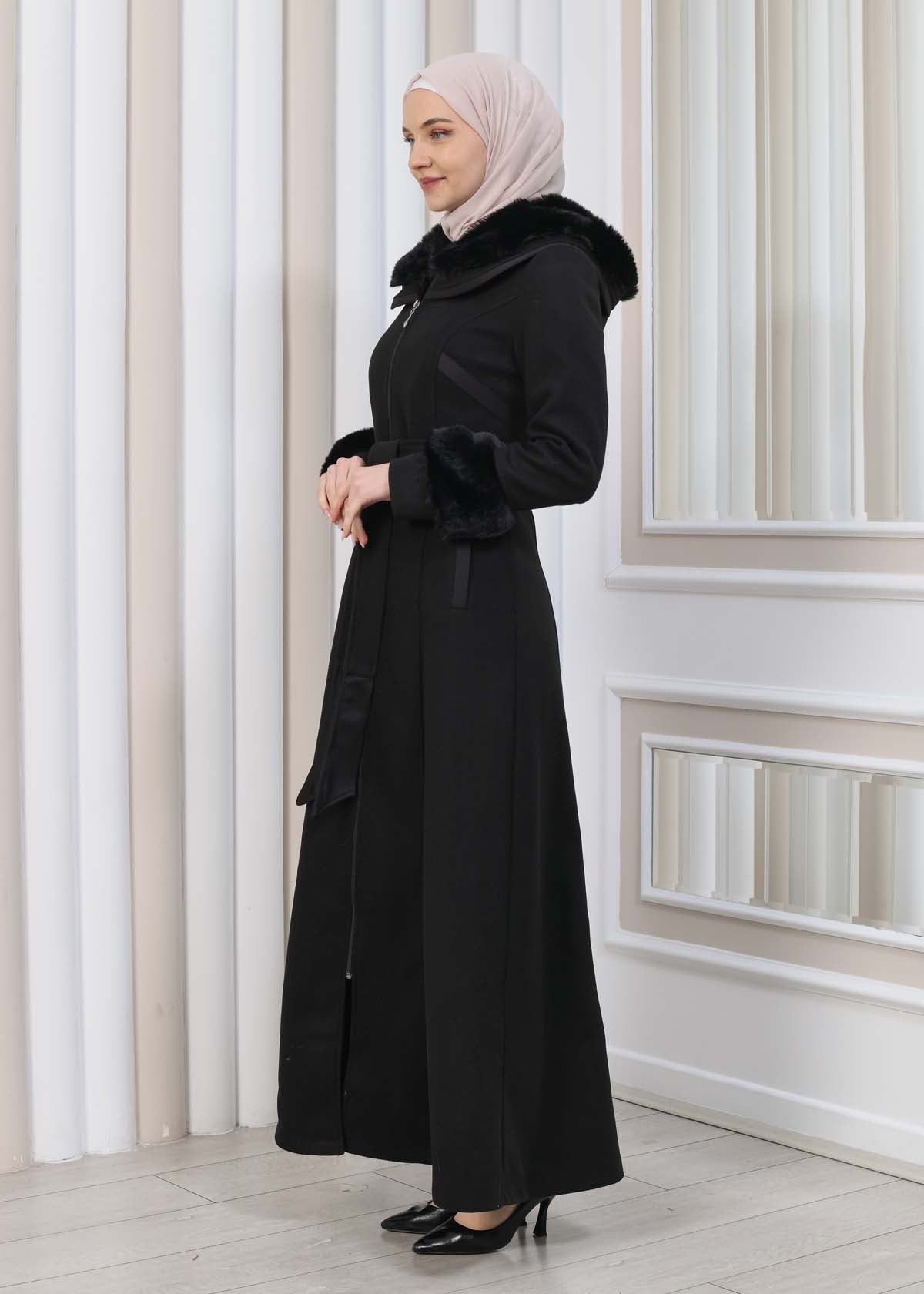 FURRY HOODED ZIPPERED OVERSIZED SUEDE TOPCOAT 1353 - Schwarz