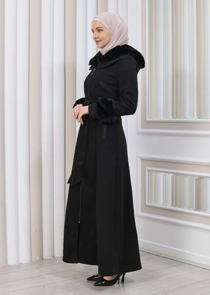 FURRY HOODED ZIPPERED OVERSIZED SUEDE TOPCOAT 1353 - Schwarz